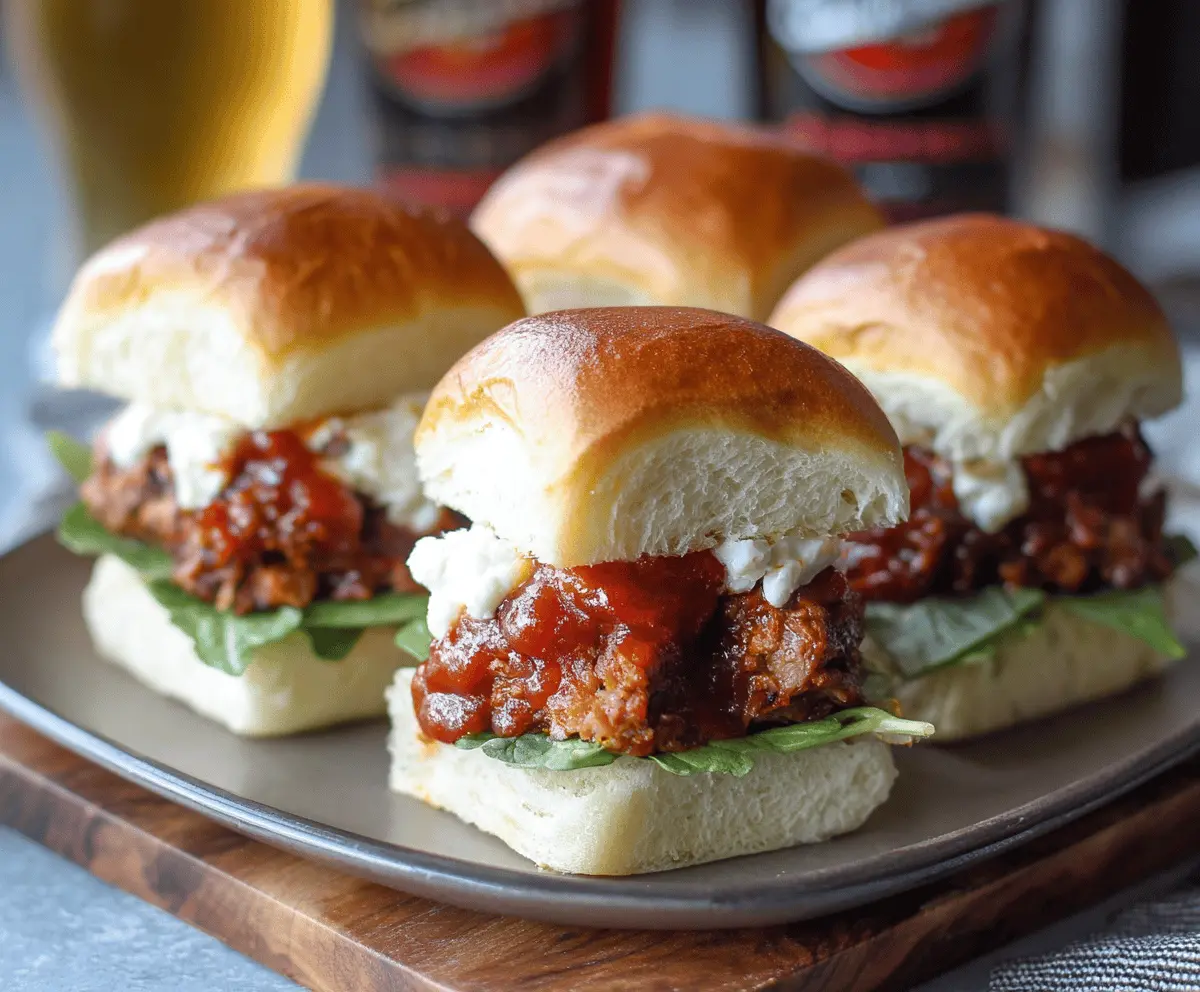 Close-up of delicious Meatloaf Sliders topped with cheese and fresh herbs.