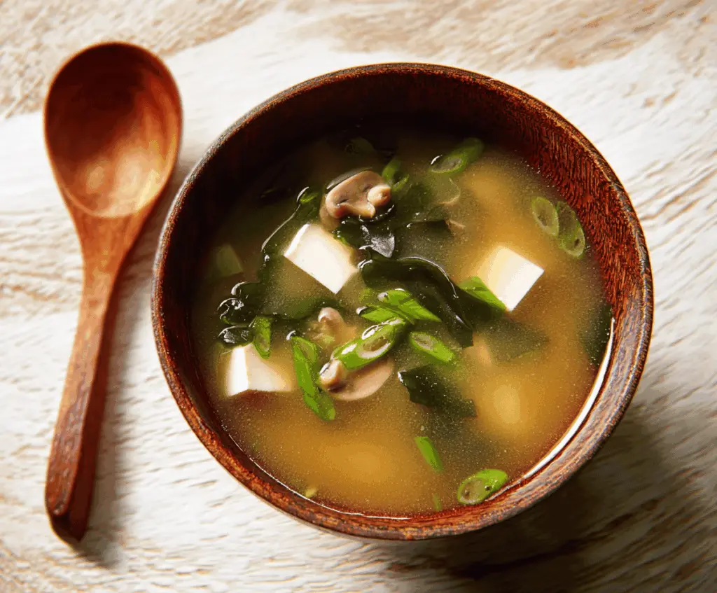 A steaming bowl of traditional miso soup garnished with sliced green onions and tofu cubes, served in a rustic ceramic bowl.