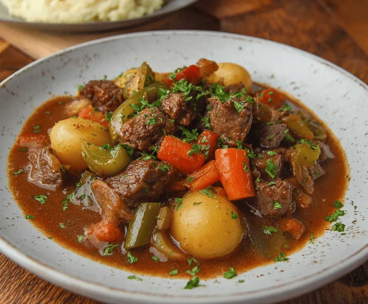 Hearty Mississippi Beef Stew with tender beef chunks, vegetables, and savory broth in a rustic bowl.