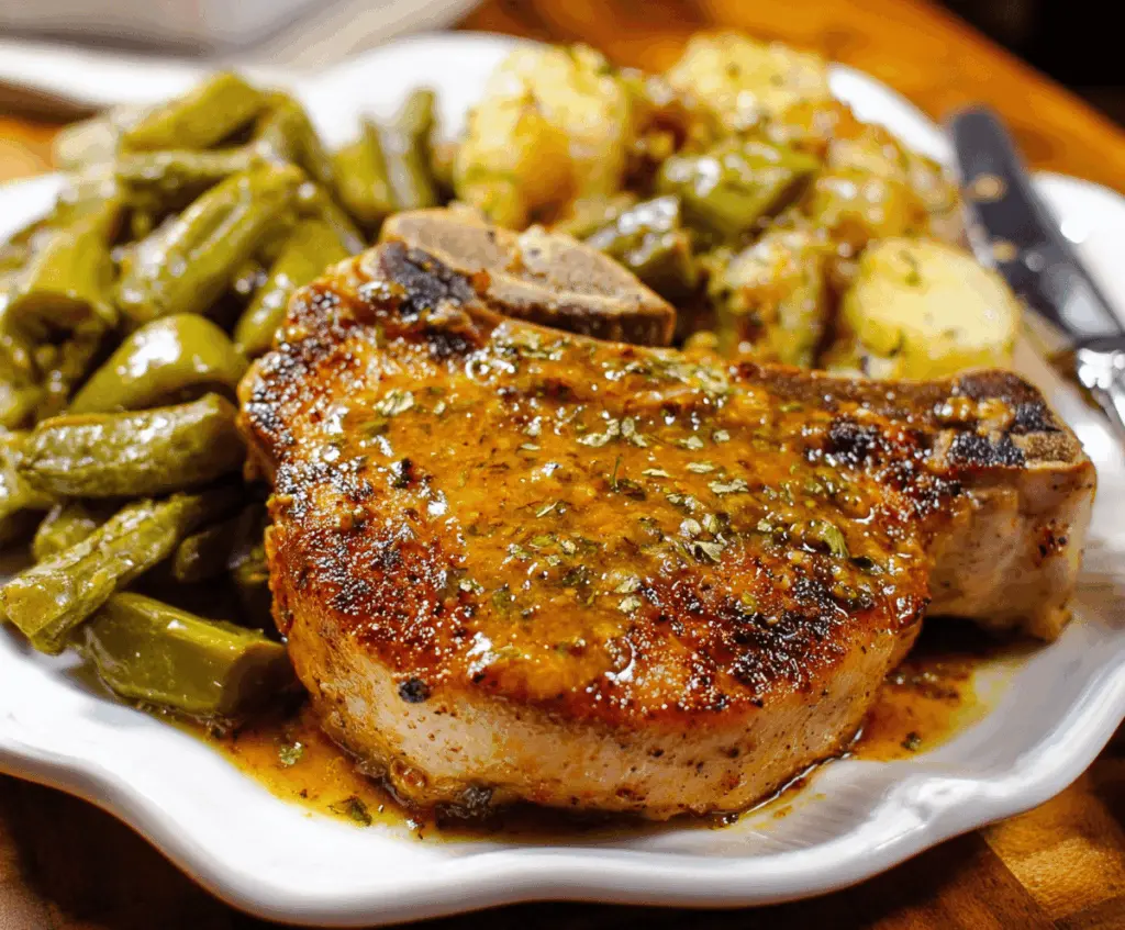 Juicy Mississippi Pork Chops cooked with savory seasoning, served with mashed potatoes and fresh vegetables on a plate.