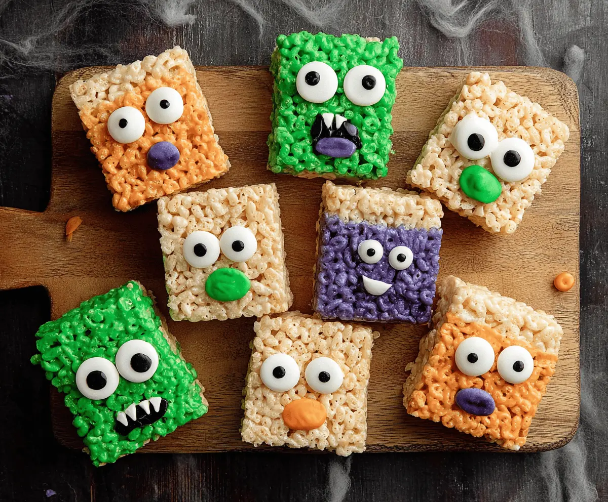 Colorful Monster Rice Krispie Treats with green, purple, and black decorations, perfect for kids' parties and festive snacks