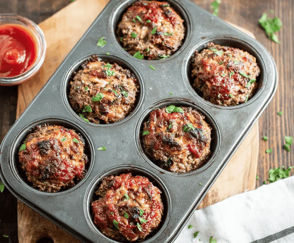 Delicious muffin tin meatloaf served in individual portions with fresh herbs on top, perfect for a flavorful and easy dinner.