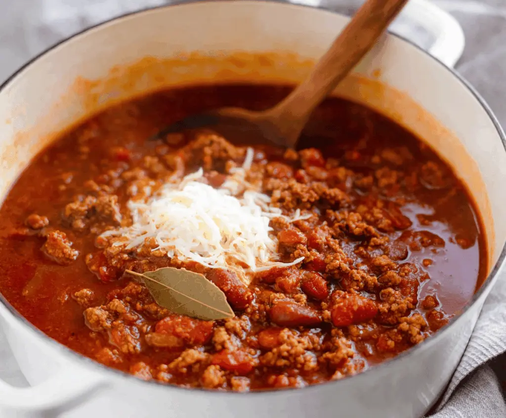 Hearty no-bean chili in a bowl with diced tomatoes, peppers, and spices, ready to serve