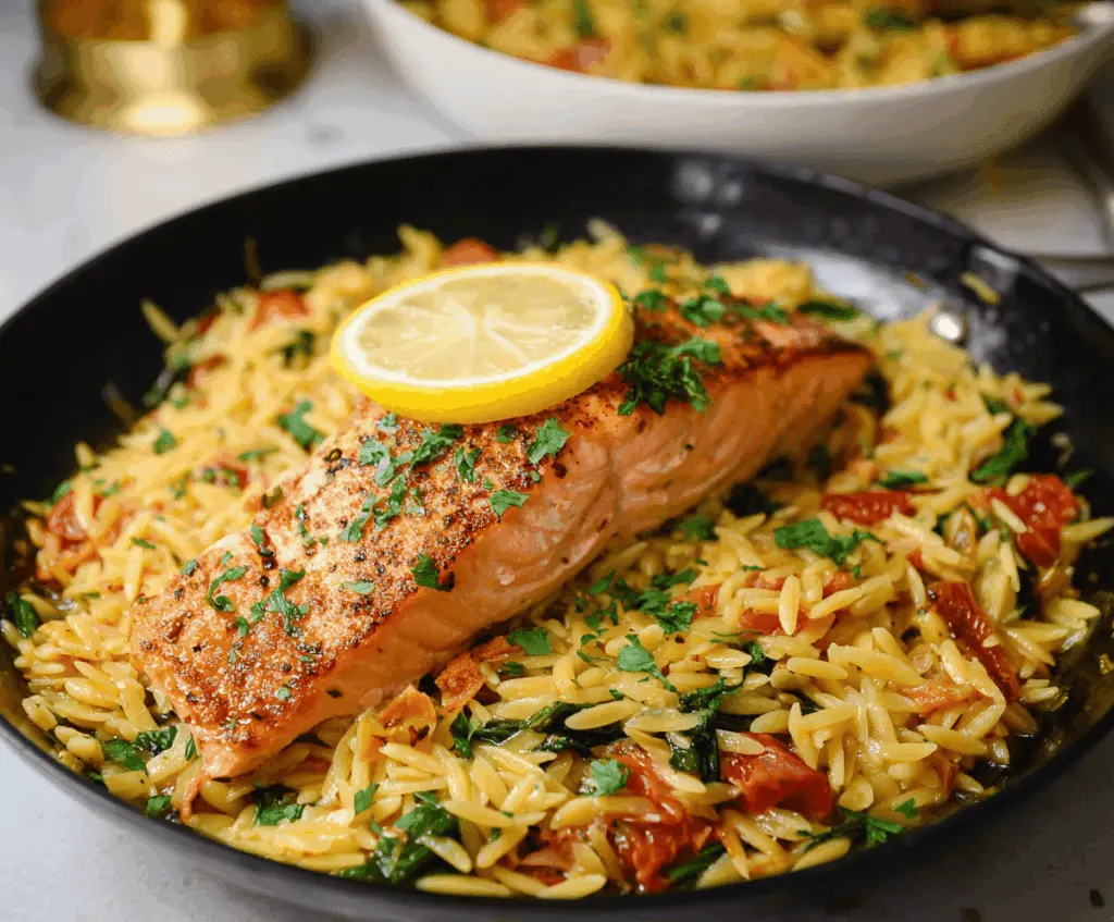 Delicious one skillet salmon with lemon orzo served on a plate, garnished with fresh herbs for a flavorful, easy-to-make seafood dinner