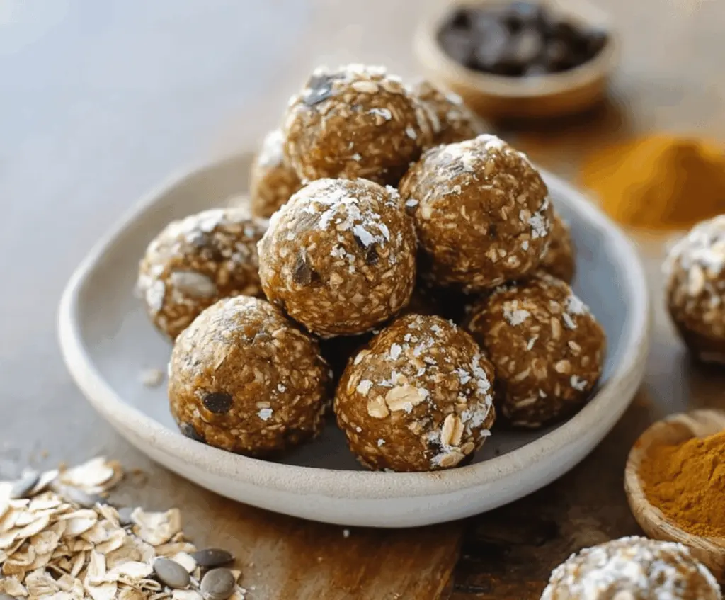 Healthy Paleo Pumpkin Protein Balls with nuts and seeds on a white plate, perfect for a nutritious snack