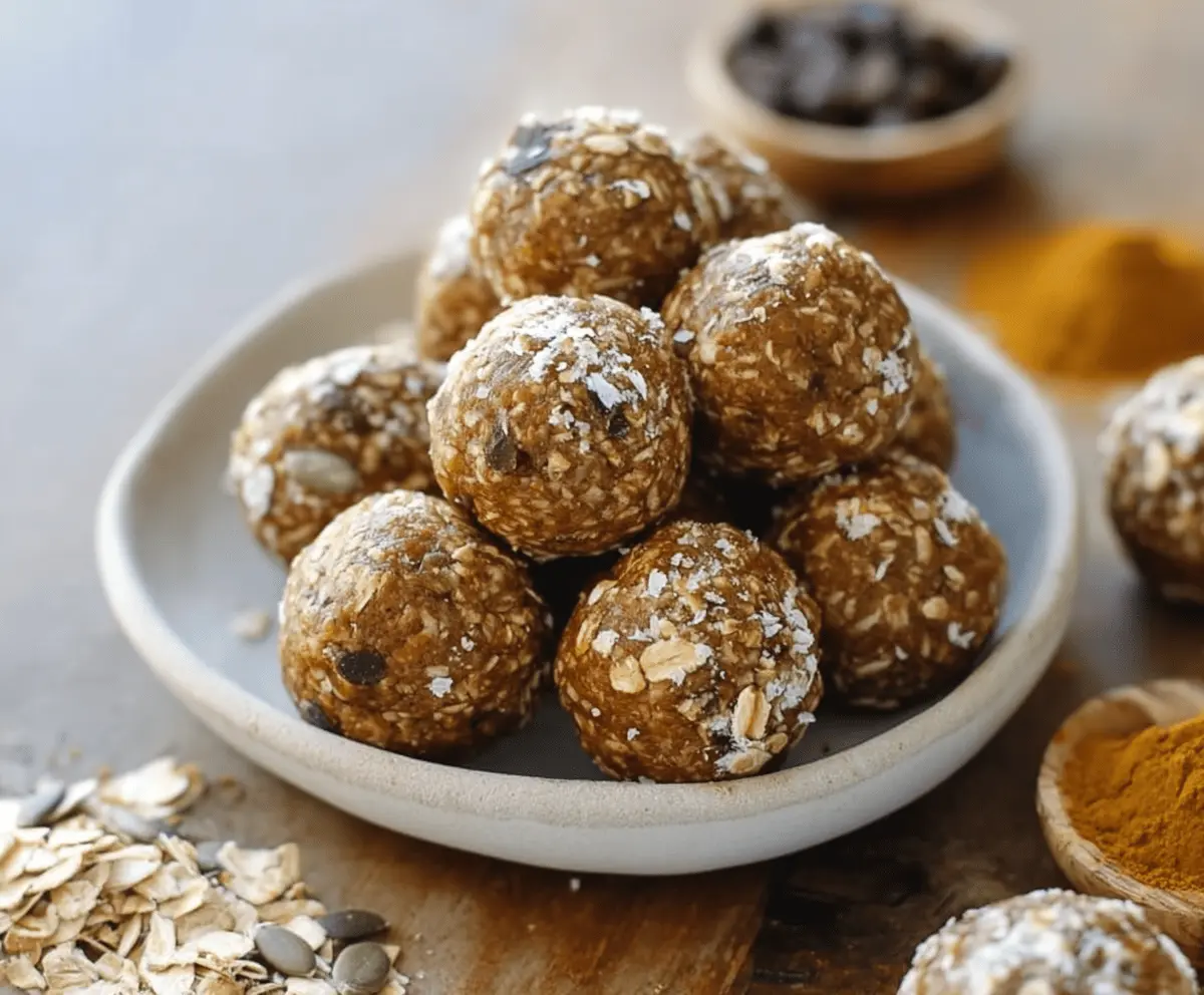 Healthy Paleo Pumpkin Protein Balls with nuts and seeds on a white plate, perfect for a nutritious snack