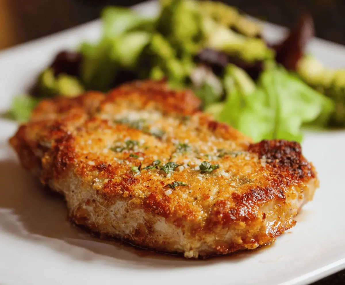 Delicious Parmesan crusted pork chops cooked to perfection, featuring a golden breadcrumb and cheese coating, served on a plate with fresh herbs