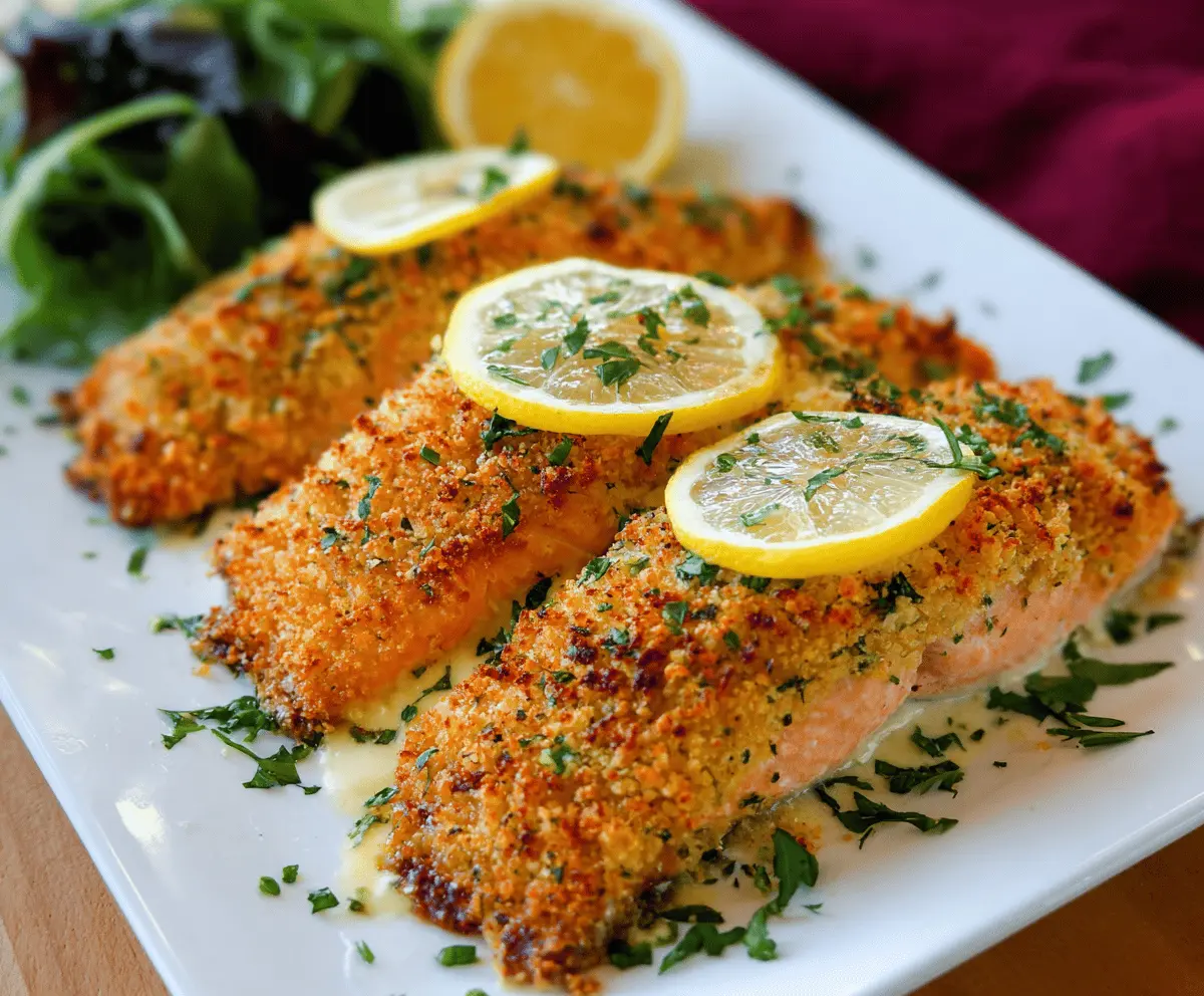 Delicious Parmesan Crusted Salmon fillet topped with golden, crispy Parmesan crust, served on a white plate with fresh herbs for a flavorful seafood dish.