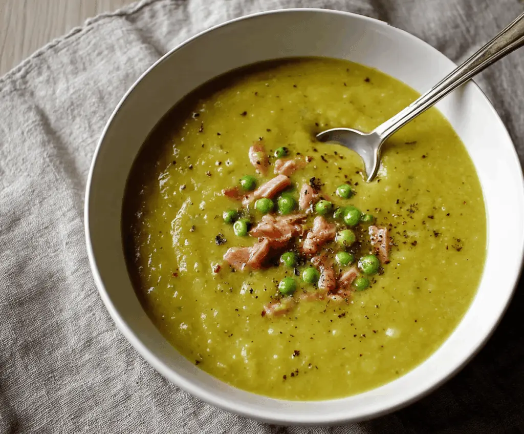 A bowl of homemade pea and ham soup garnished with fresh herbs, served with crusty bread on a rustic wooden table.