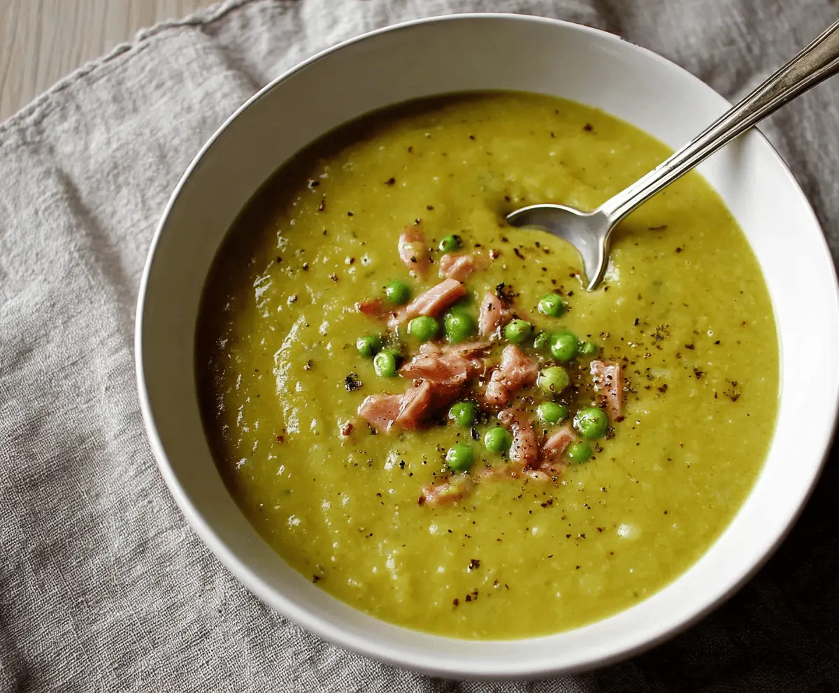 A bowl of homemade pea and ham soup garnished with fresh herbs, served with crusty bread on a rustic wooden table.
