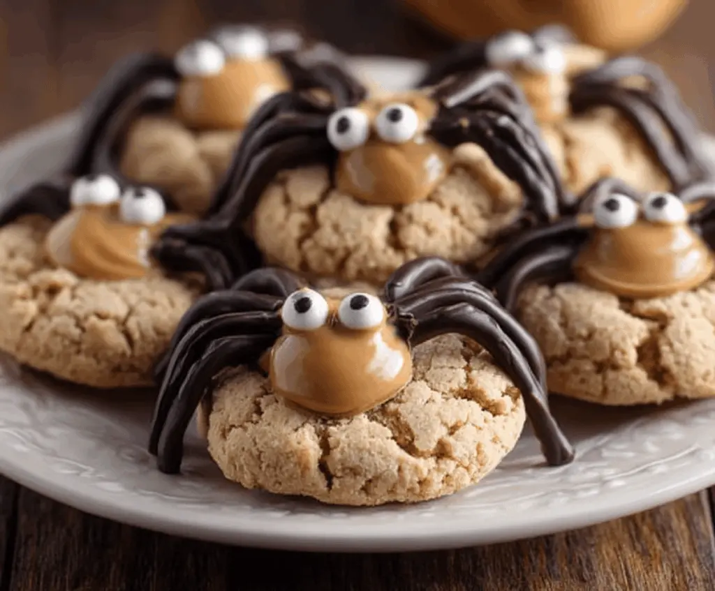 Delicious homemade peanut butter spider cookies with chocolate web decoration and candy eyes, perfect for Halloween treats