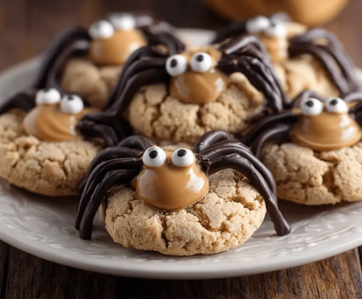 Delicious homemade peanut butter spider cookies with chocolate web decoration and candy eyes, perfect for Halloween treats