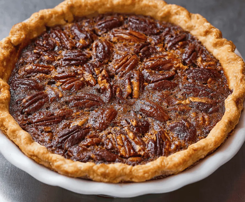 Delicious homemade pecan pie with golden-brown crust and rich caramel topping