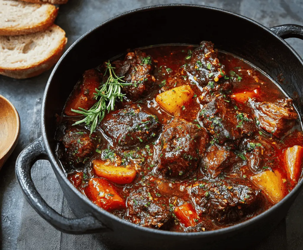 Savory Pepper Pot Beef Stew with tender beef chunks, colorful vegetables, and aromatic spices served in a rustic bowl