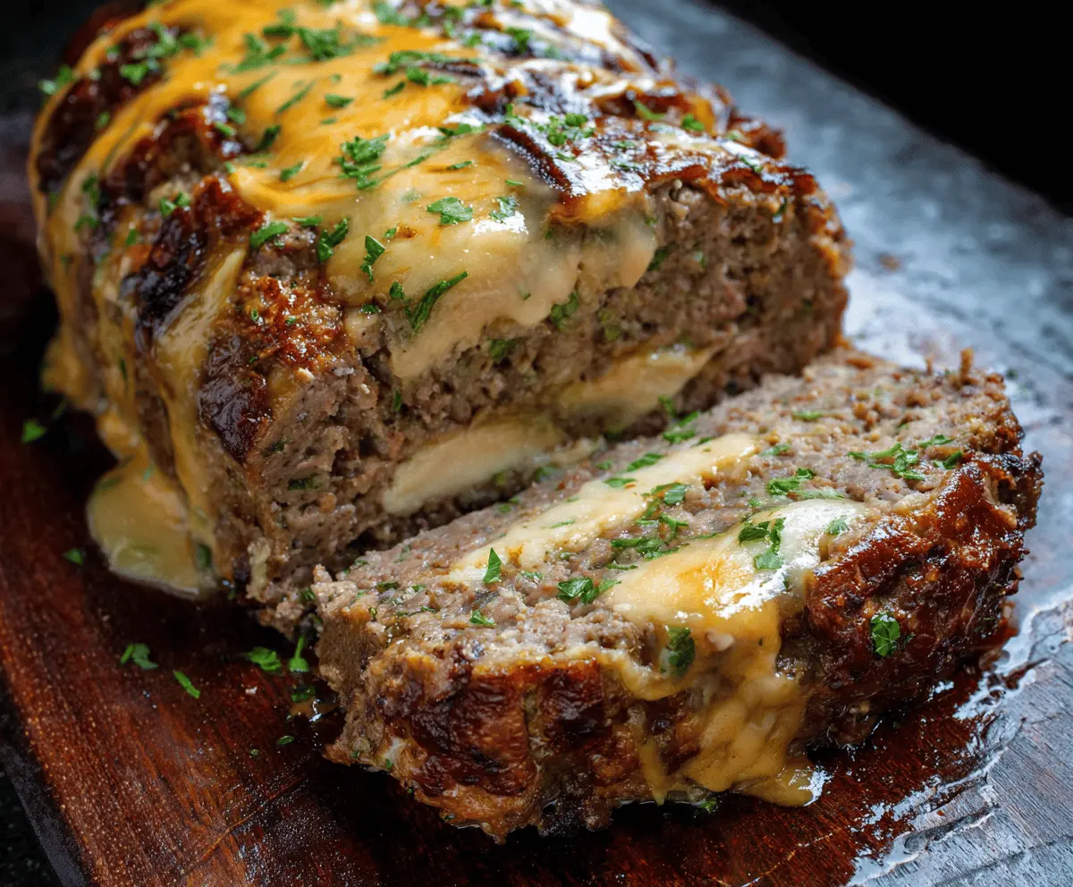Delicious Philly Cheesesteak Meatloaf topped with melted cheese and sautéed onions.