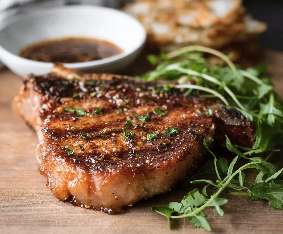 Juicy pork chop marinated in a flavorful herb and spice blend, ready to be grilled or baked