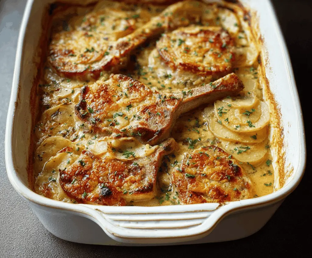 Delicious pork chops served with creamy scalloped potatoes casserole on a dinner plate, perfect for a hearty meal.