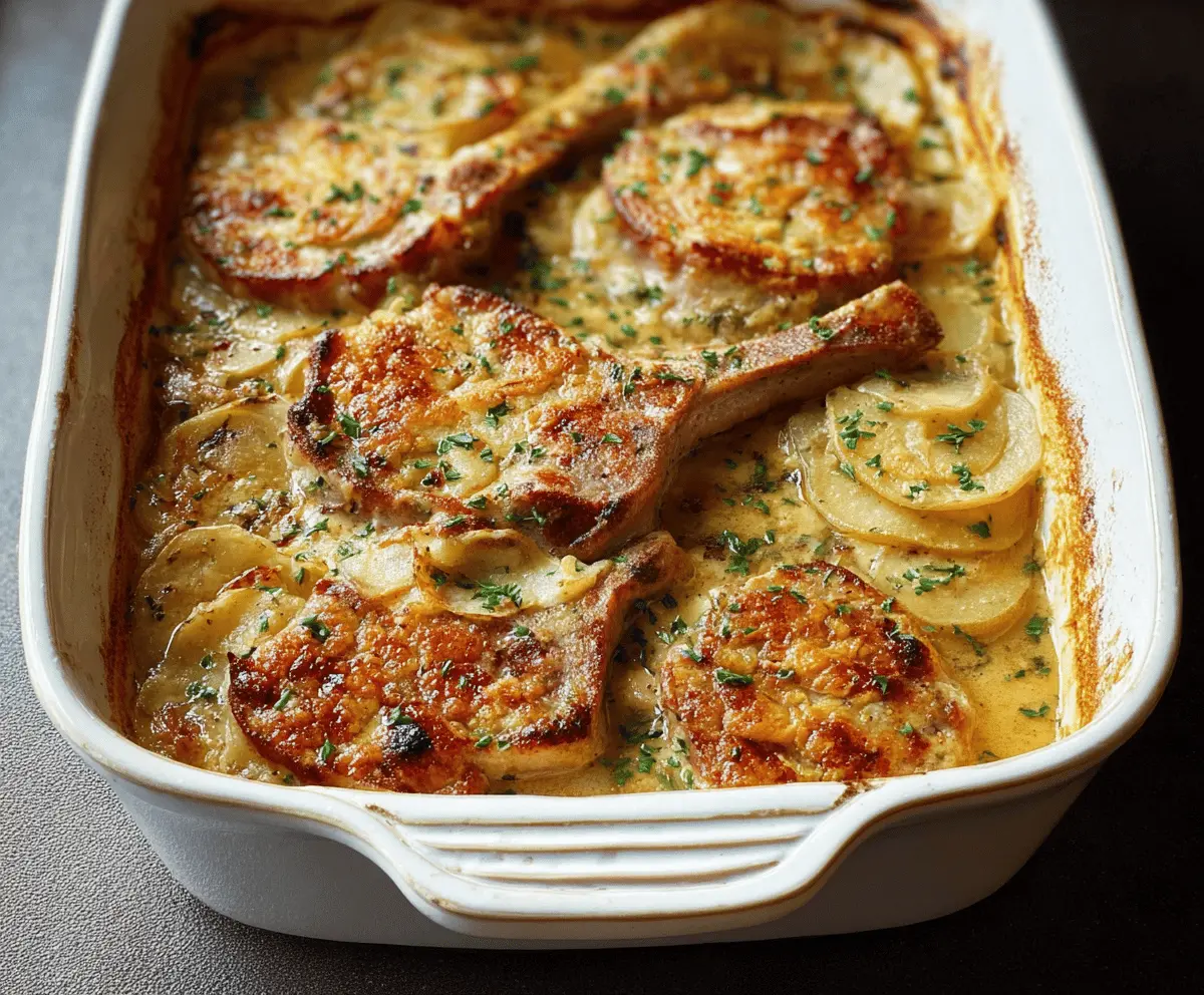 Delicious pork chops served with creamy scalloped potatoes casserole on a dinner plate, perfect for a hearty meal.