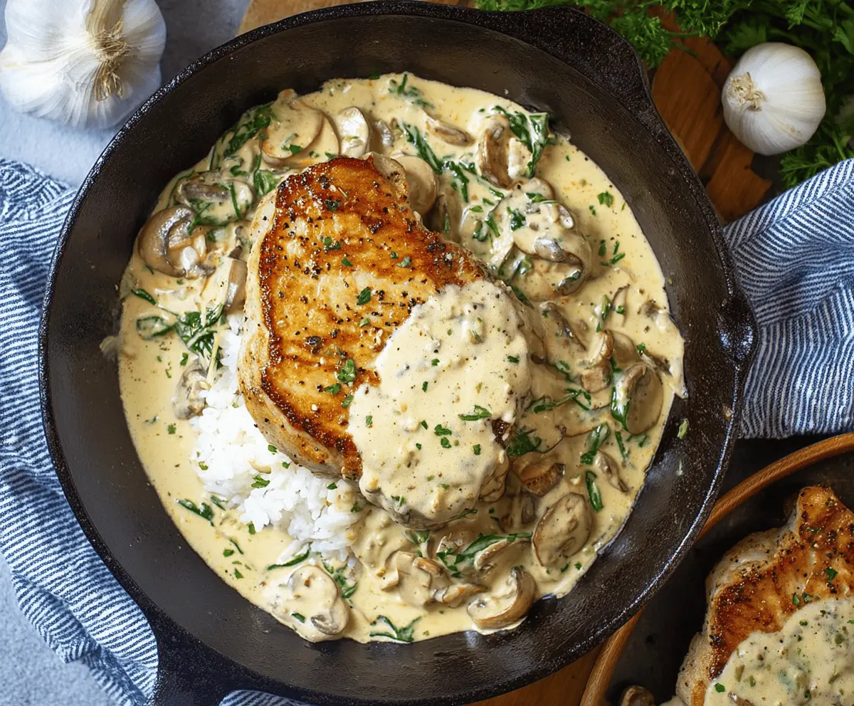 Juicy pork chops topped with rich, creamy garlic sauce served on a white plate, garnished with fresh herbs.