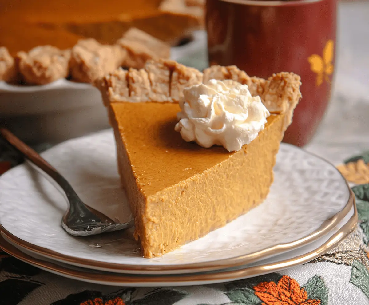 Delicious pumpkin butter pie topped with whipped cream and cinnamon, served on a rustic pie plate, perfect for fall desserts.