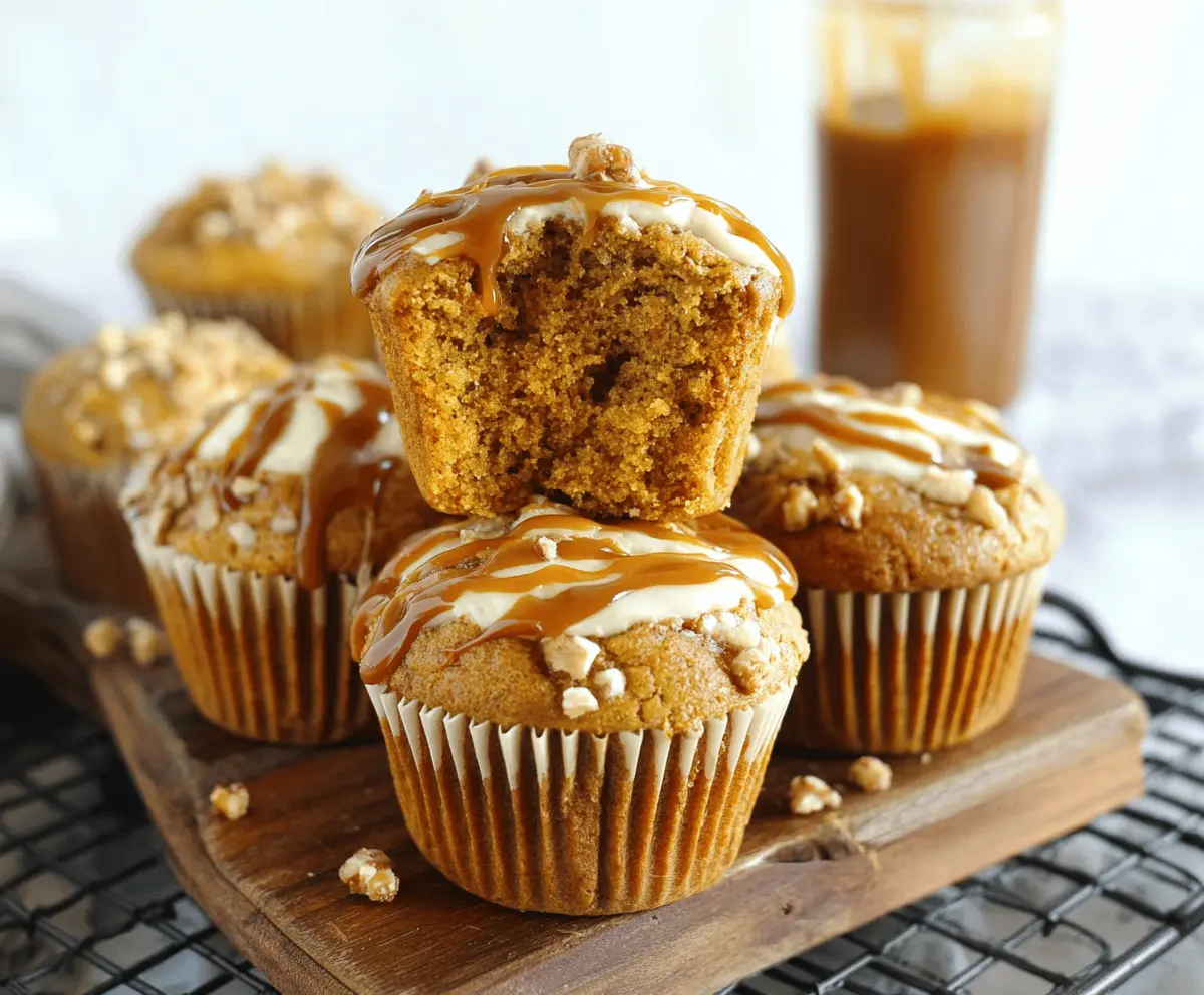 Delicious homemade pumpkin caramel muffins topped with caramel drizzle and spices, perfect for fall baking.