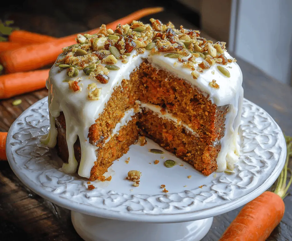 Delicious homemade pumpkin carrot cake topped with cream cheese frosting and sprinkled with chopped walnuts, perfect for fall celebrations