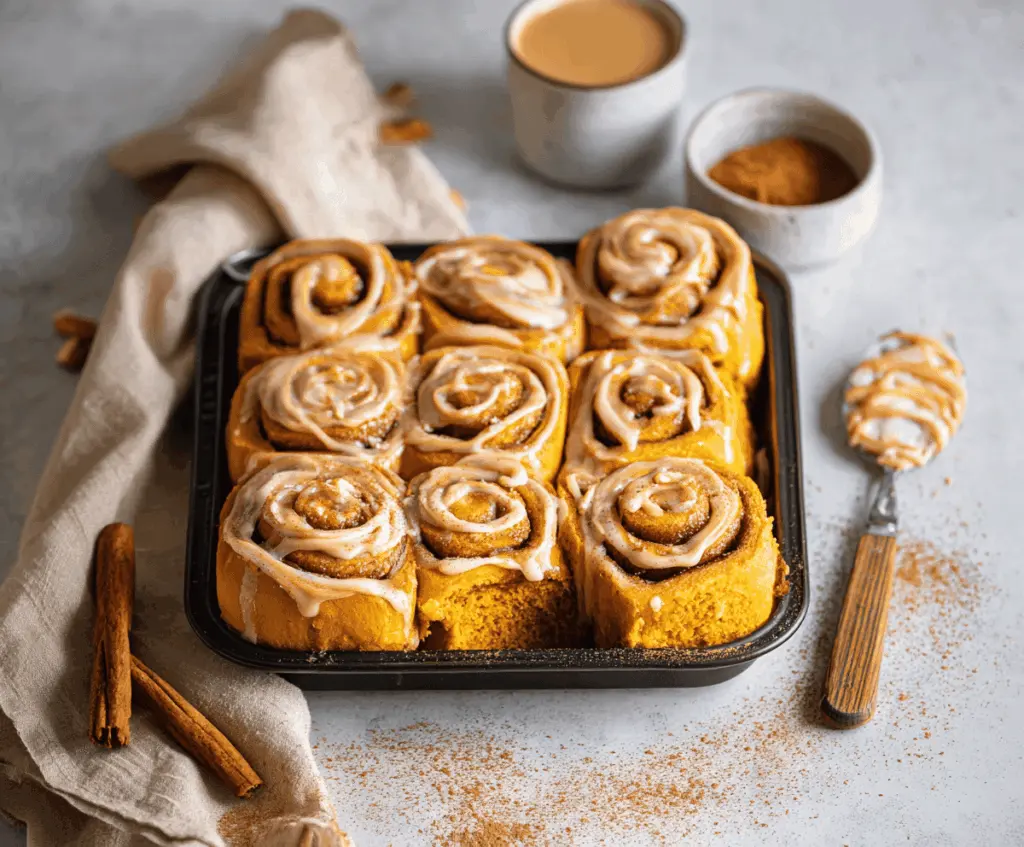 Delicious pumpkin cinnamon rolls topped with coffee maple frosting on a rustic plate, perfect for fall breakfast