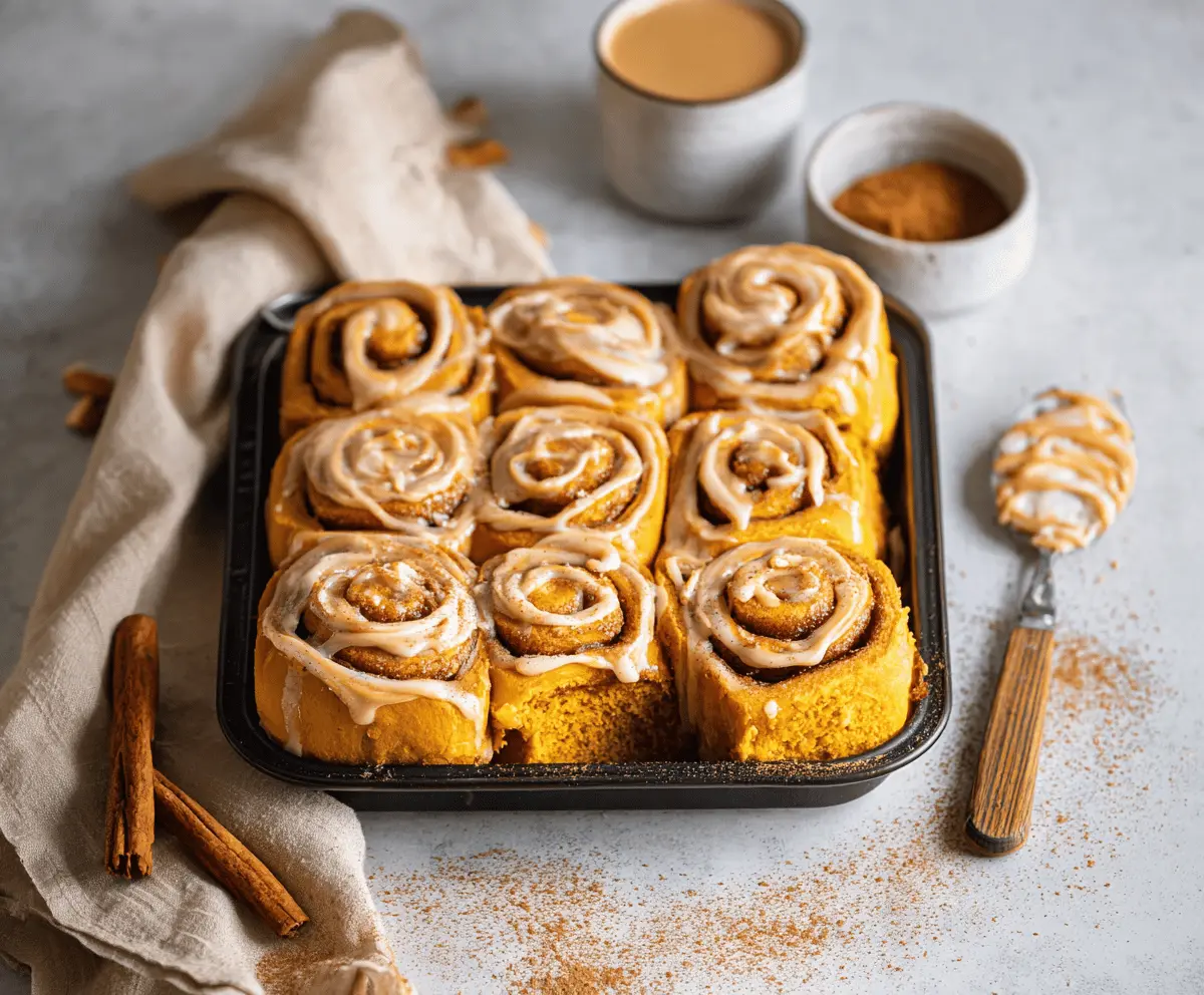 Delicious pumpkin cinnamon rolls topped with coffee maple frosting on a rustic plate, perfect for fall breakfast