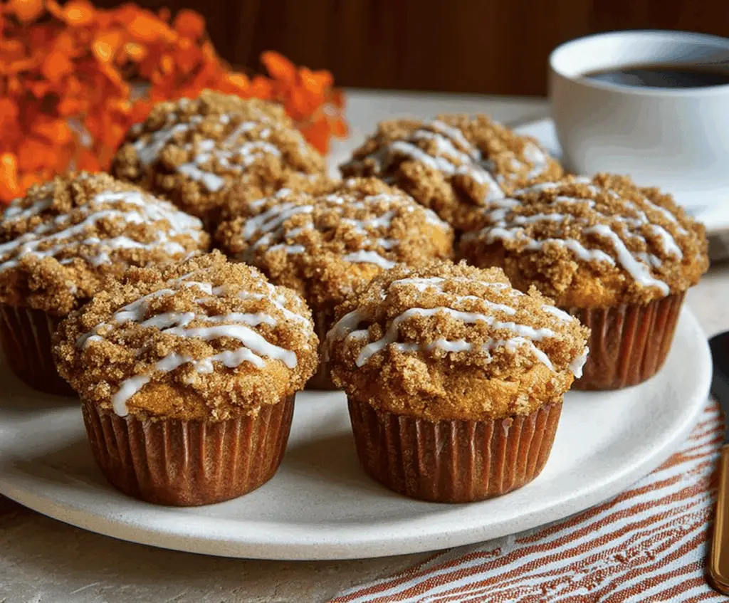 Delicious homemade pumpkin coffee cake muffins with crumb topping and cinnamon, perfect for fall breakfast or snack.