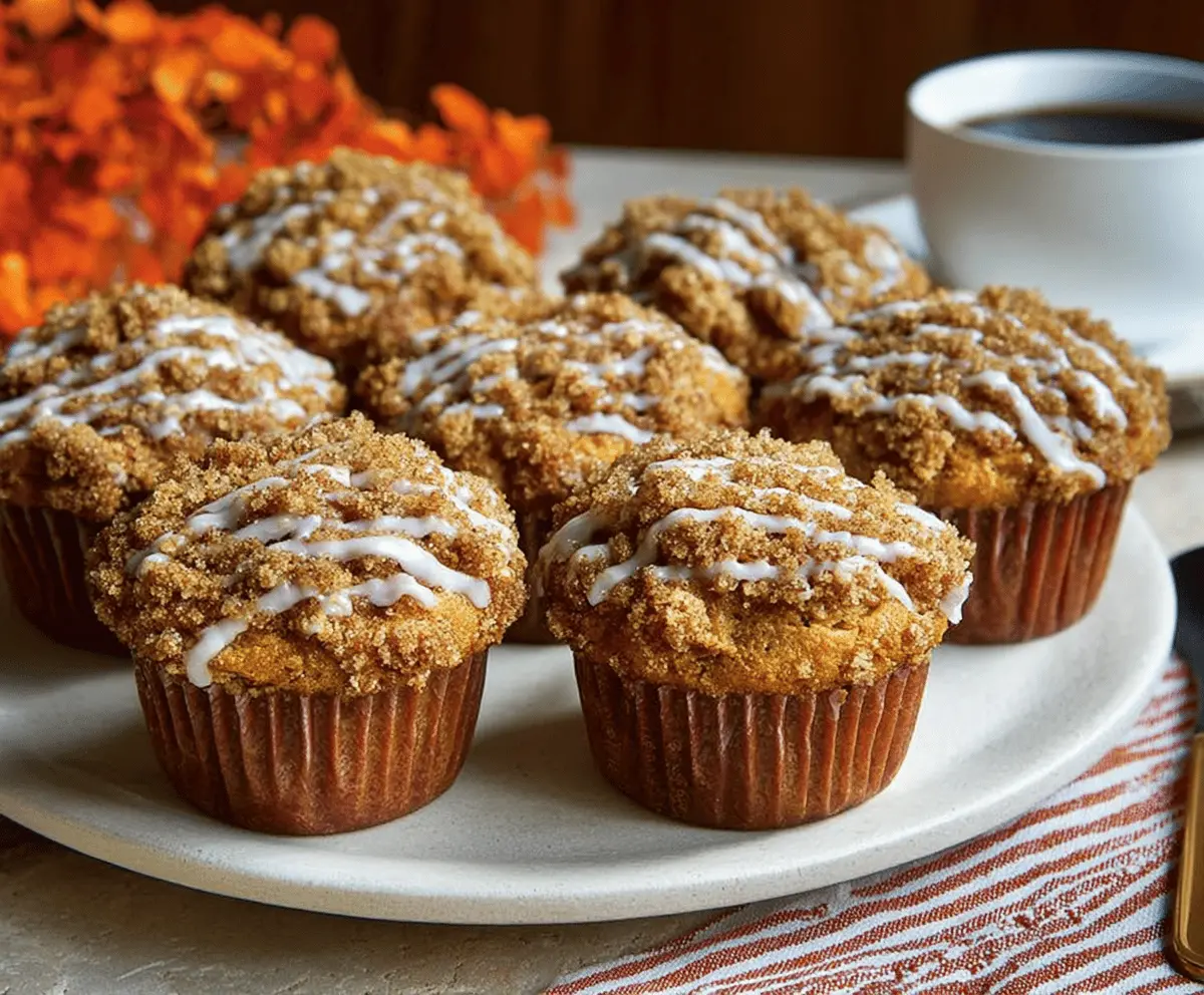 Delicious homemade pumpkin coffee cake muffins with crumb topping and cinnamon, perfect for fall breakfast or snack.