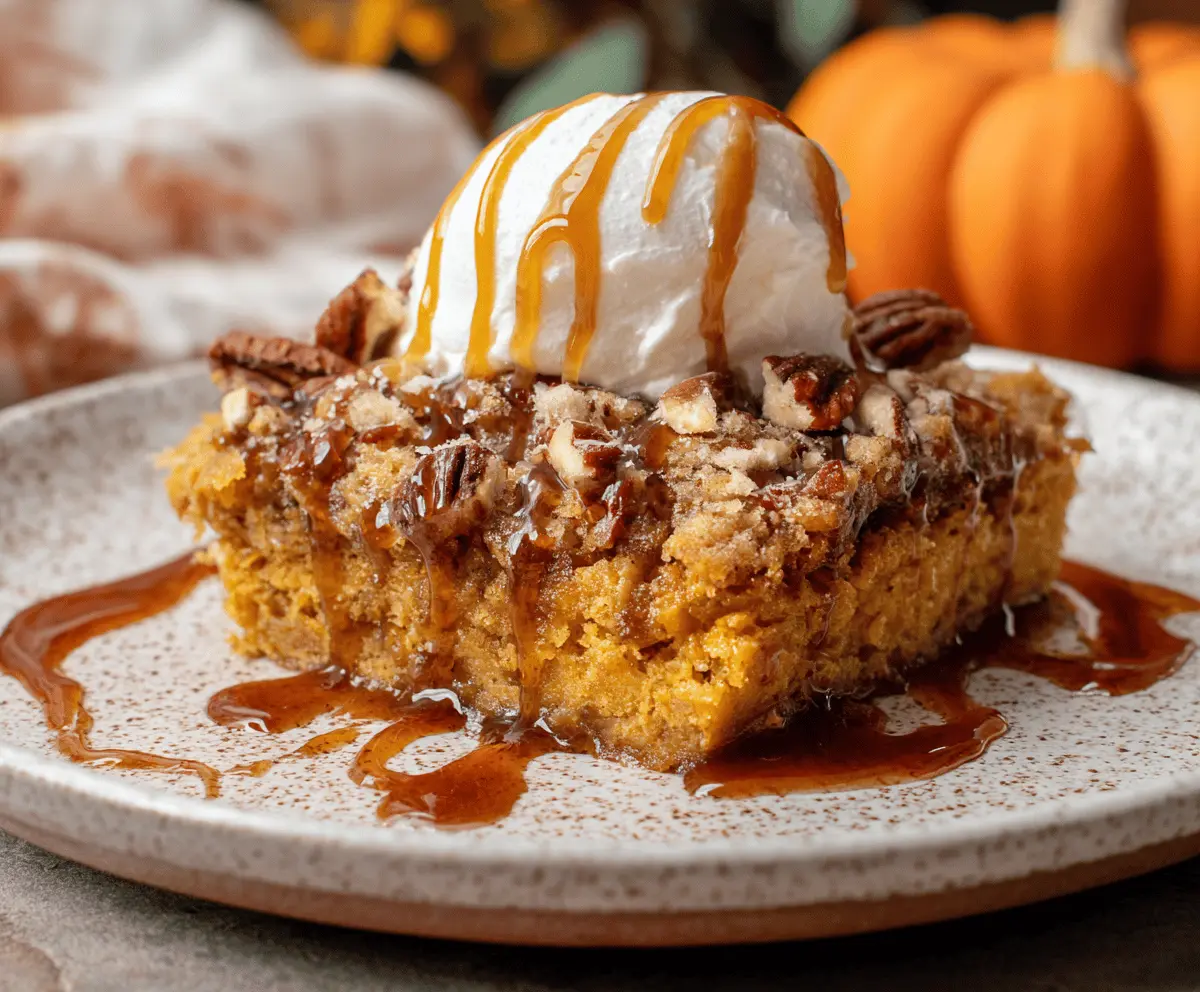 Delicious Pumpkin Dump Cake topped with whipped cream, perfect for fall desserts.