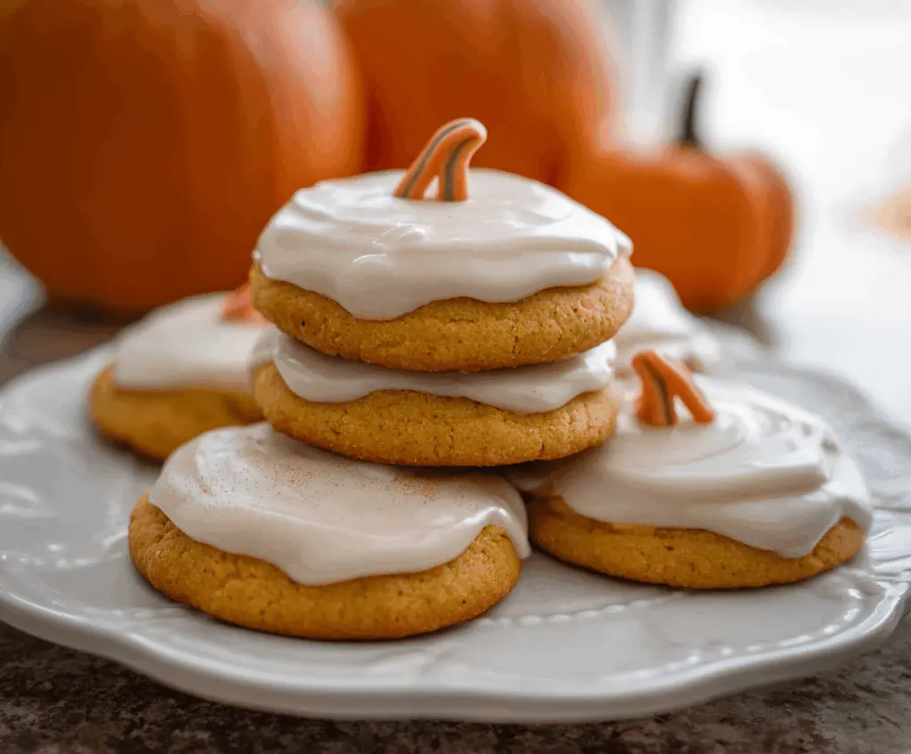 Delicious pumpkin frosted cookies topped with creamy orange icing and sprinkles, perfect for fall treats and holiday celebrations.