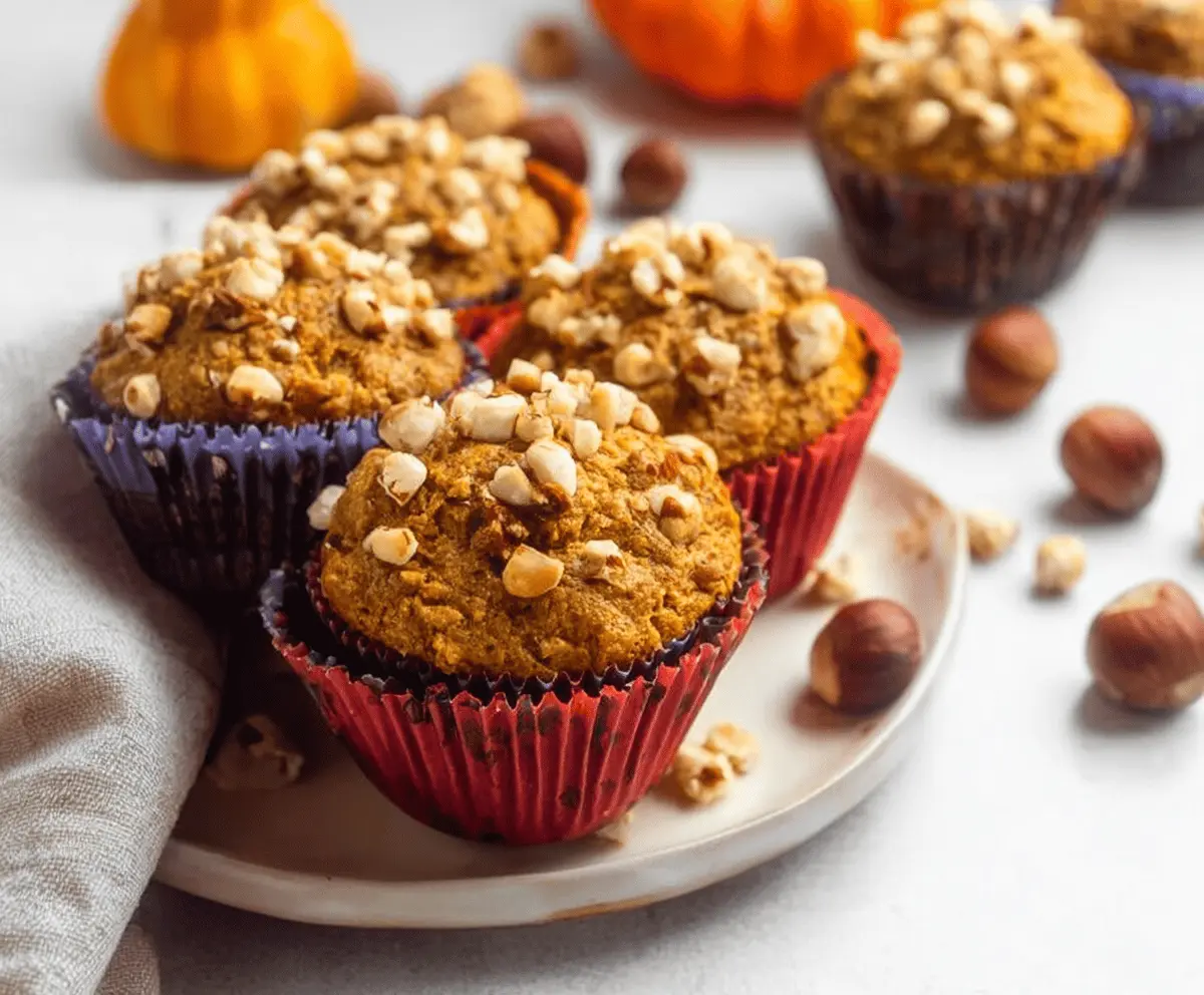 Freshly baked pumpkin hazelnut muffins in a baking dish, showcasing golden-brown tops and a moist, flavorful interior.