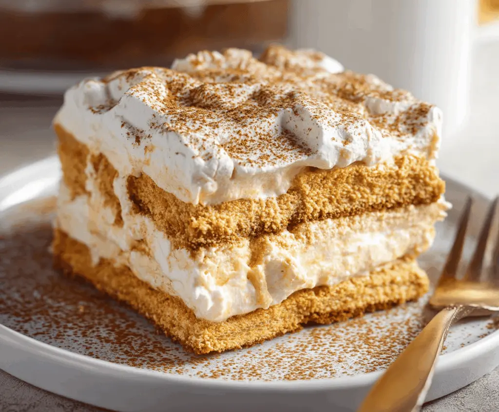 Delicious Pumpkin Icebox Cake with whipped cream and graham cracker layers, perfect for fall desserts