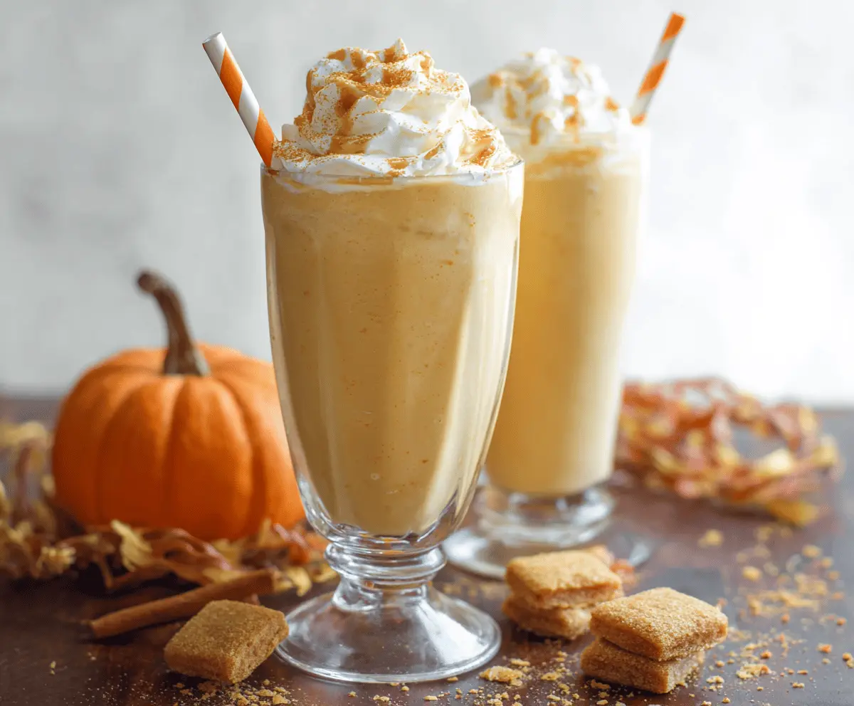 Creamy pumpkin milkshake topped with whipped cream and a sprinkle of cinnamon, served in a glass with a straw—perfect fall treat.