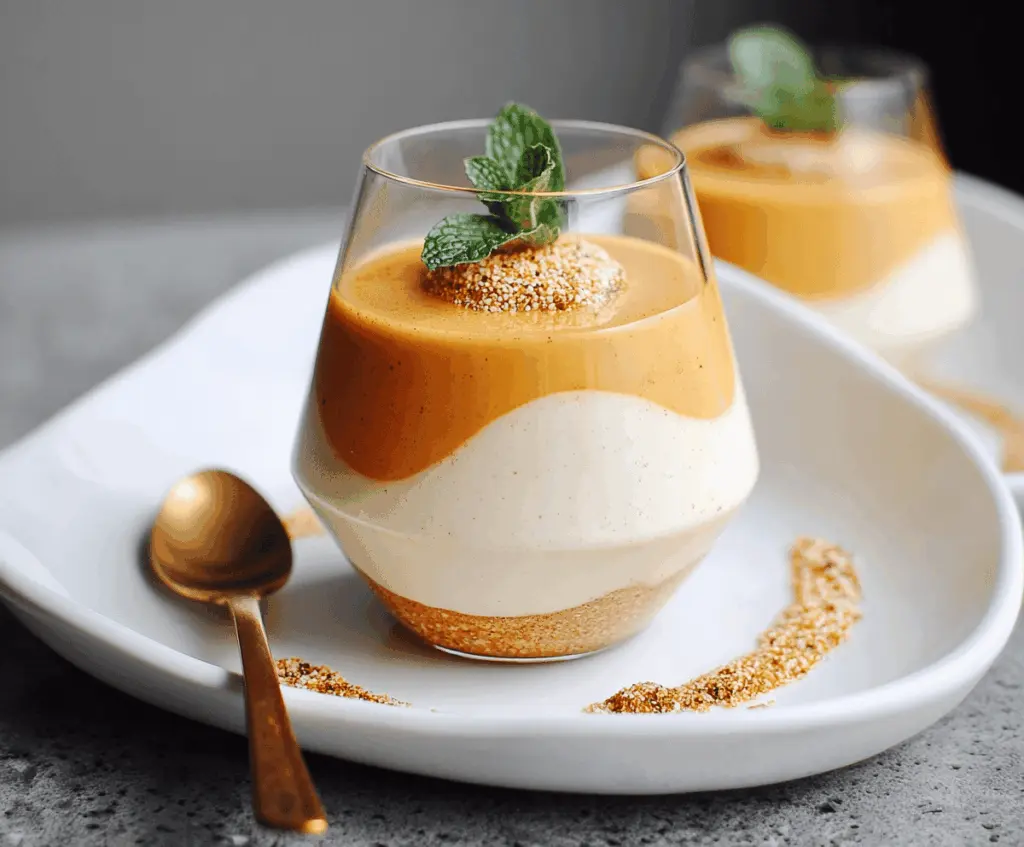Creamy pumpkin panna cotta garnished with cinnamon and whipped cream, served in a glass dessert dish for a festive fall treat.