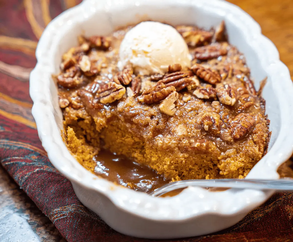 Delicious Pumpkin Pecan Cobbler topped with whipped cream and toasted pecans, perfect for fall desserts.