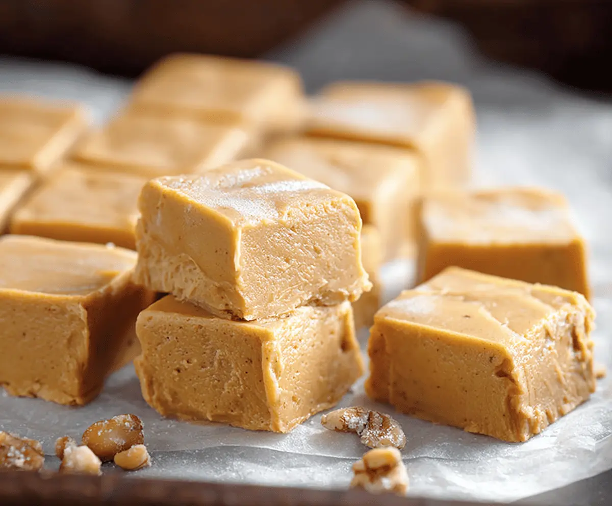 Creamy pumpkin pie fudge topped with whipped cream and a sprinkle of cinnamon, perfect for fall desserts.