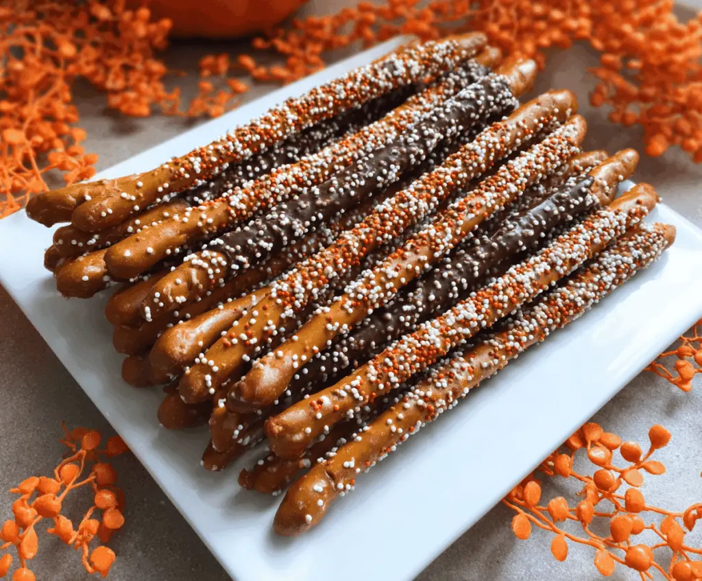 Sweet and salty pumpkin-shaped pretzel rods decorated with orange and black icing for a festive fall treat.