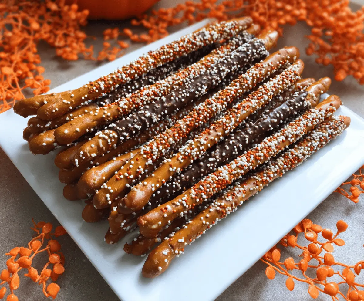 Sweet and salty pumpkin-shaped pretzel rods decorated with orange and black icing for a festive fall treat.