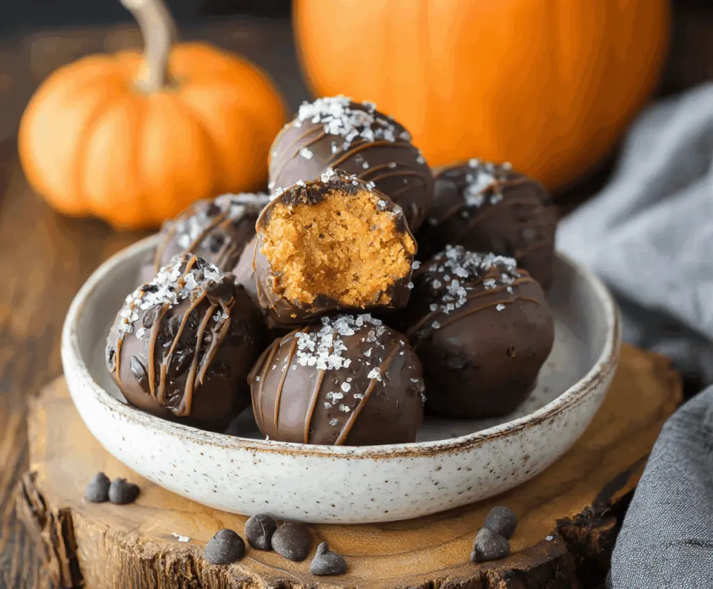Delicious homemade Pumpkin Protein Truffles with chocolate coating and festive autumn decorations on a rustic plate