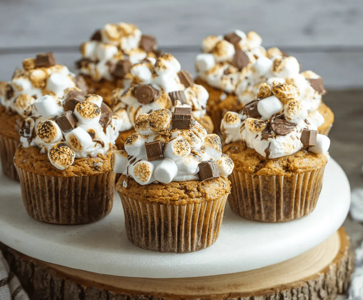 Delicious Pumpkin S'mores Muffins with marshmallows, chocolate, and graham cracker crumbs topped with a sprinkle of cinnamon on a rustic baking tray
