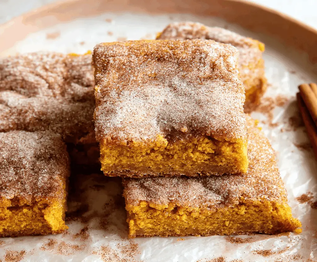 Delicious Pumpkin Snickerdoodle Bars topped with cinnamon sugar, perfect for fall baking and dessert cravings.
