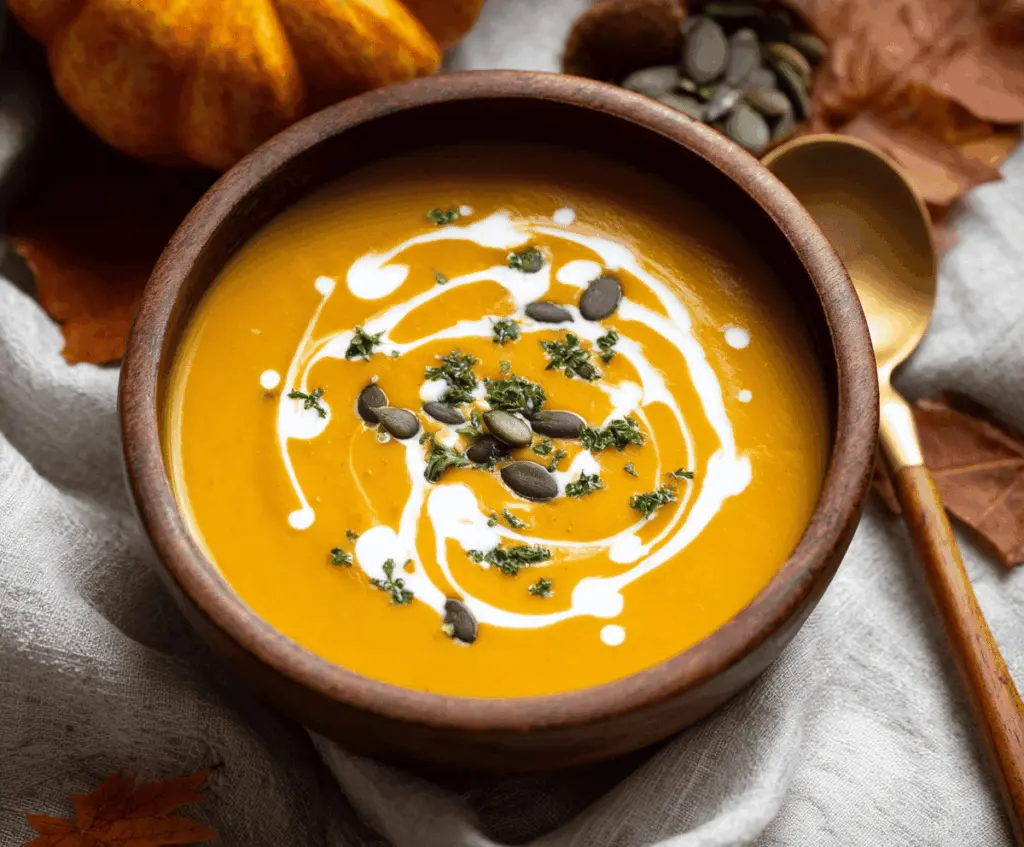 Creamy pumpkin soup garnished with fresh herbs in a rustic bowl, perfect for cozy autumn meals.