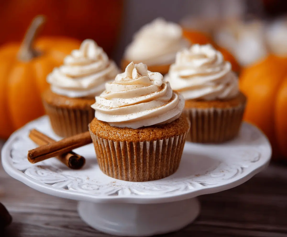 Delicious homemade pumpkin spice cupcakes topped with creamy frosting and a sprinkle of cinnamon, perfect for fall desserts.
