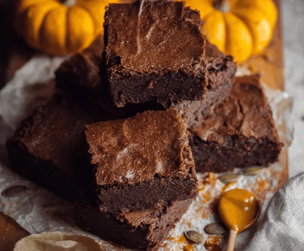 Delicious homemade pumpkin spiced brownies with a rich, fudgy texture topped with a sprinkle of cinnamon and caramel drizzle, perfect for fall desserts.