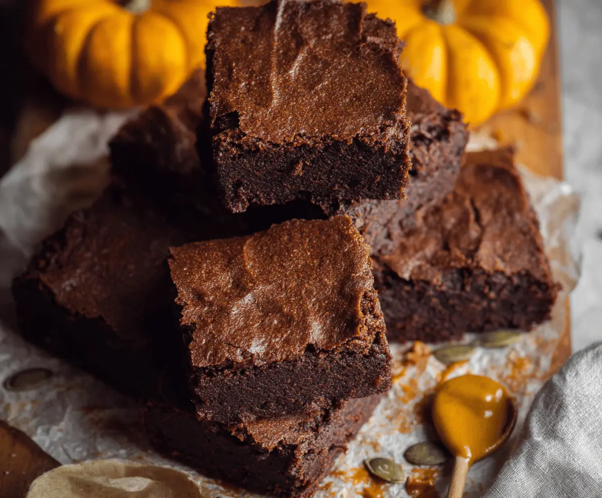 Delicious homemade pumpkin spiced brownies with a rich, fudgy texture topped with a sprinkle of cinnamon and caramel drizzle, perfect for fall desserts.