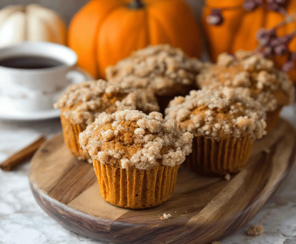 Freshly baked pumpkin streusel muffins topped with crunchy streusel crumble, ready to enjoy for breakfast or a snack.