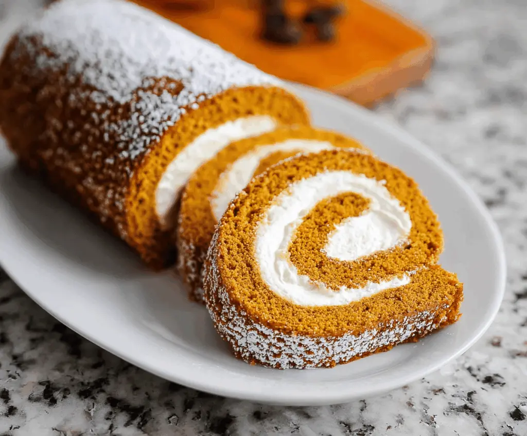 Delicious homemade Pumpkin Swiss Roll with creamy filling and festive autumn decorations
