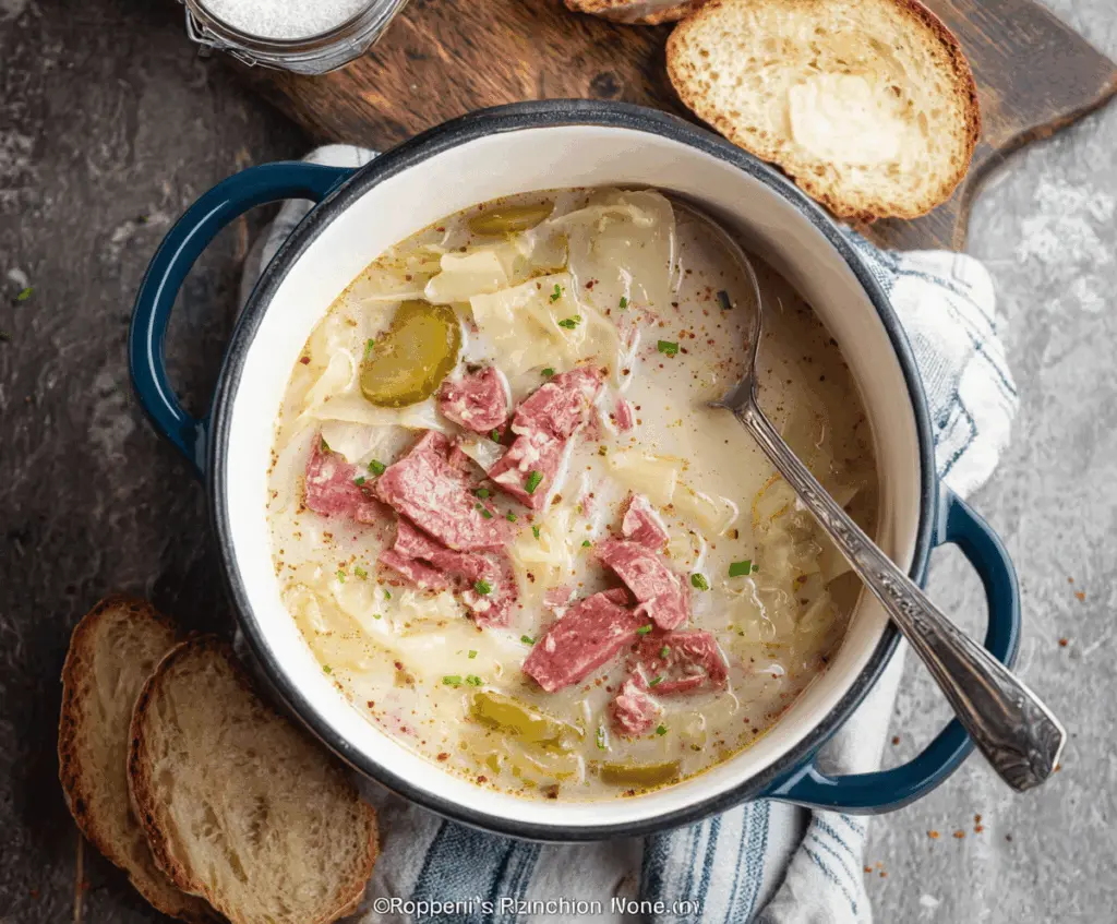 Creamy Reuben Soup featuring corned beef, sauerkraut, Swiss cheese, and rye croutons in a savory broth—perfect comfort food recipe.